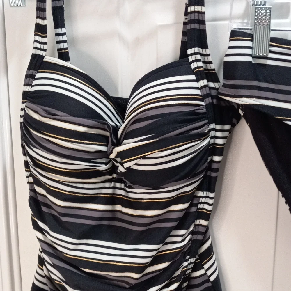 Black/Grey/White & Gold Stripes 2 Piece Swim Suit. Size XS-S - Picture 2 of 7